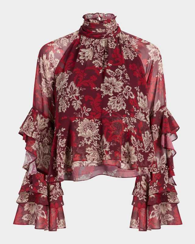 Gilded Paisley Tiered Ruffle-Sleeve Blouse